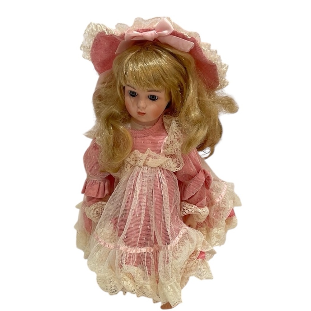 Vintage 80s boutique Limited edition numbered Porcelain Doll pink lace dress hat